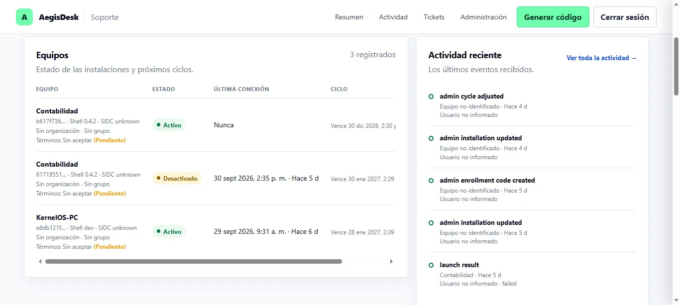 Vista previa del proyecto AegisDesk — Soporte y gestión de instalaciones